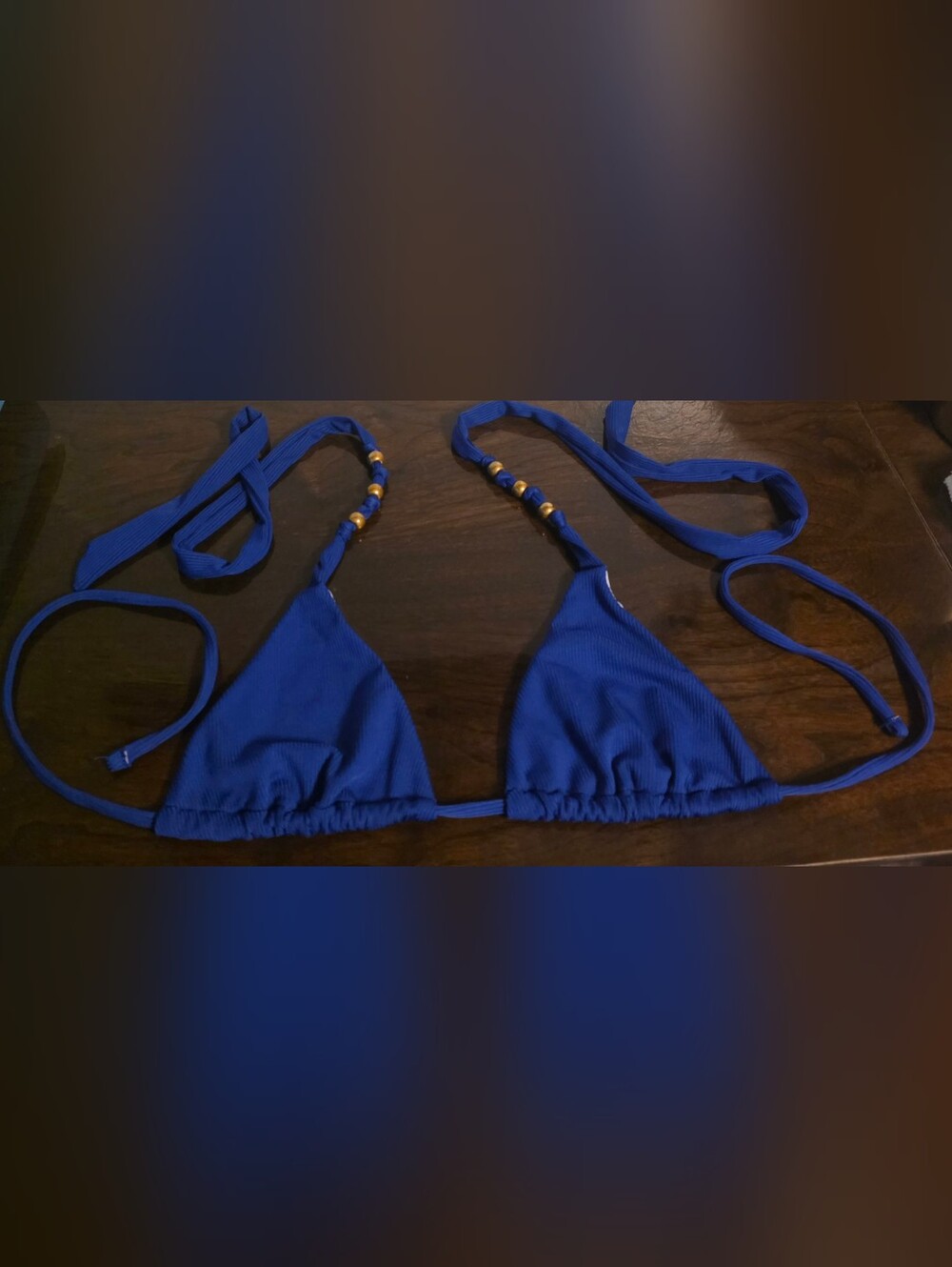 Women's Small Bikini Top - Blue with Gold Bead Detail
